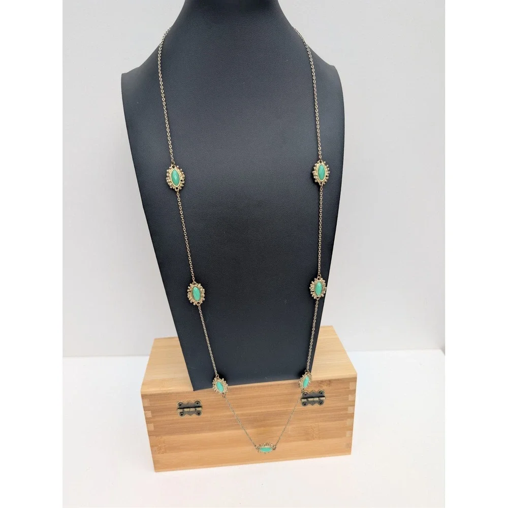 Gold Tone Long Station Necklace Green Marquise Faux Stone Cabochon Adjustable
